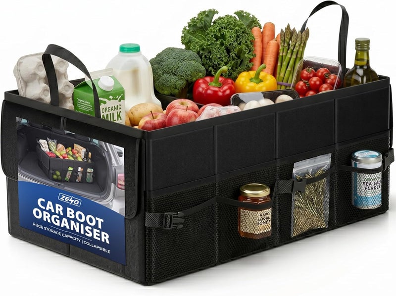 ZENO Car Boot Organiser Bag | Car Boot Tidy Storage | Collapsible Heavy Duty Trunk | Portable Multi Compartment Shopping Holder | Non Slip & Adjustable Securing | Black - Image 1