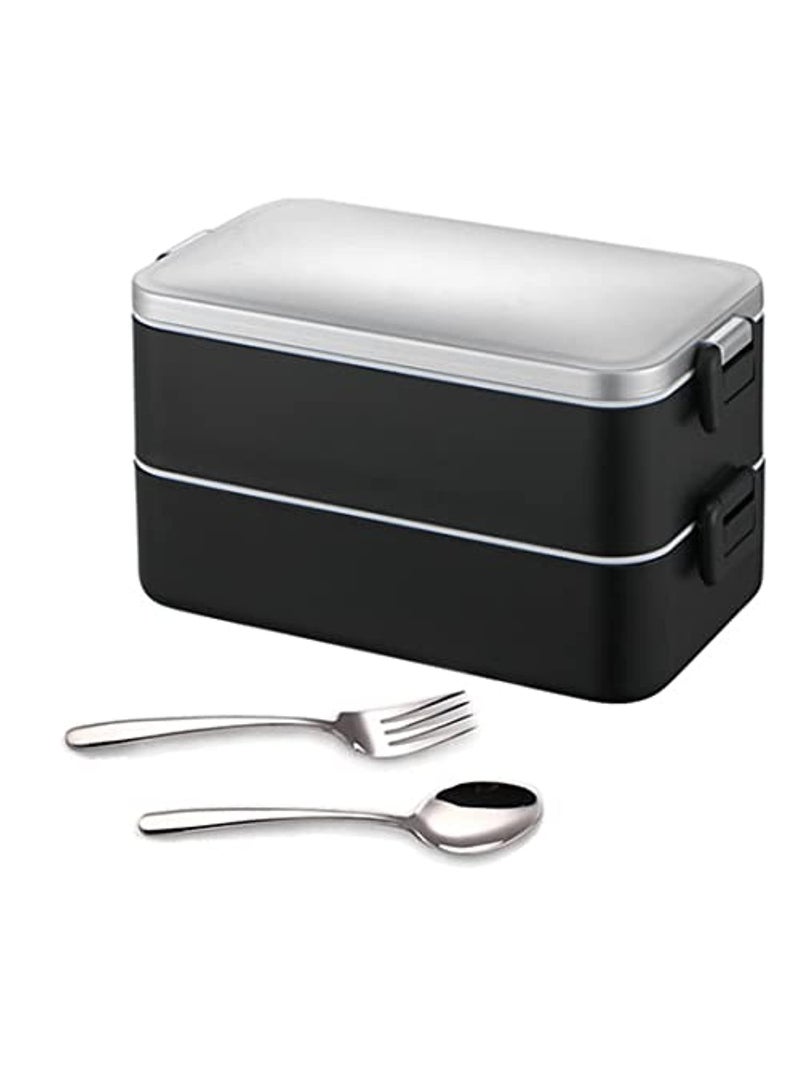 Stainless Steel Double-Layer Bento Lunch Box with 3 Compartments, Leak-Proof,  Black - Image 3