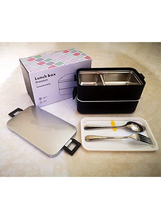 Stainless Steel Double-Layer Bento Lunch Box with 3 Compartments, Leak-Proof,  Black - Image 5