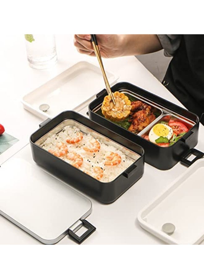Stainless Steel Double-Layer Bento Lunch Box with 3 Compartments, Leak-Proof,  Black - Image 4