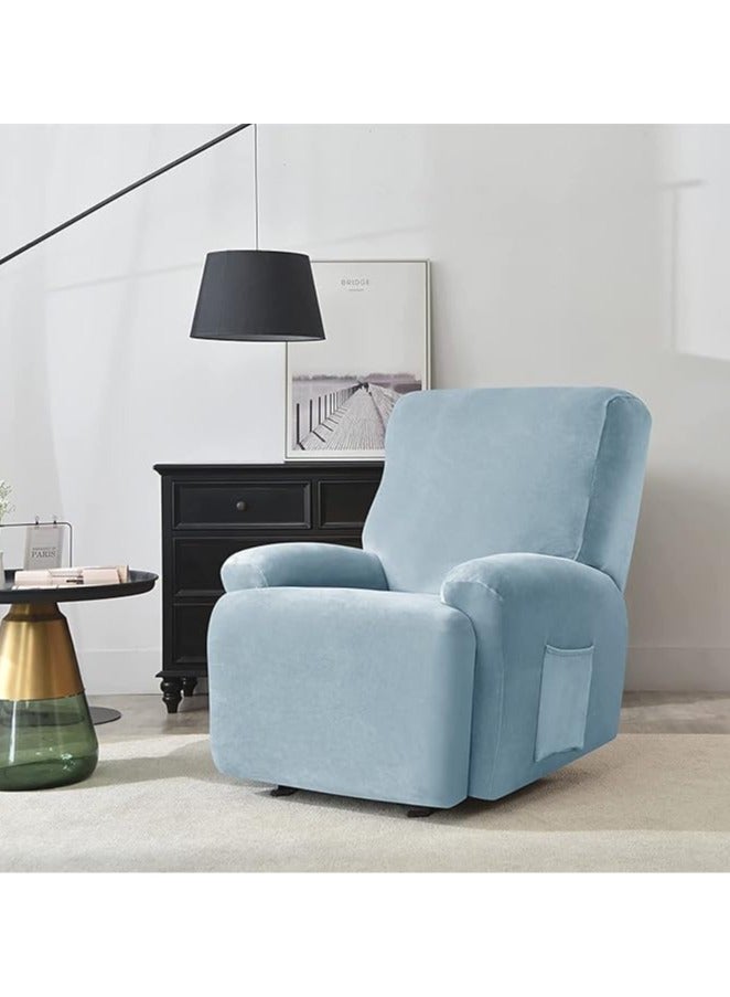 general Chaise longue cover with pockets, solid velvet, set of 4, polyester spandex furniture set, anti-slip armchair and sofa cover for living room (light blue) - Image 2