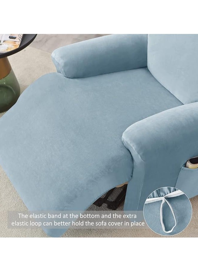 general Chaise longue cover with pockets, solid velvet, set of 4, polyester spandex furniture set, anti-slip armchair and sofa cover for living room (light blue) - Image 4