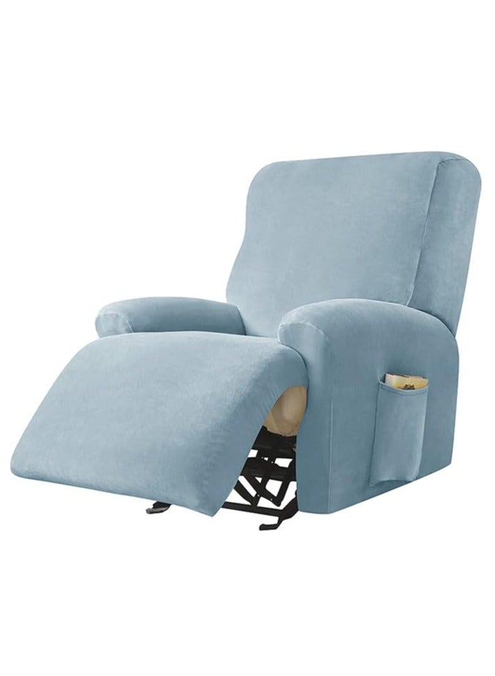 general Chaise longue cover with pockets, solid velvet, set of 4, polyester spandex furniture set, anti-slip armchair and sofa cover for living room (light blue) - Image 1