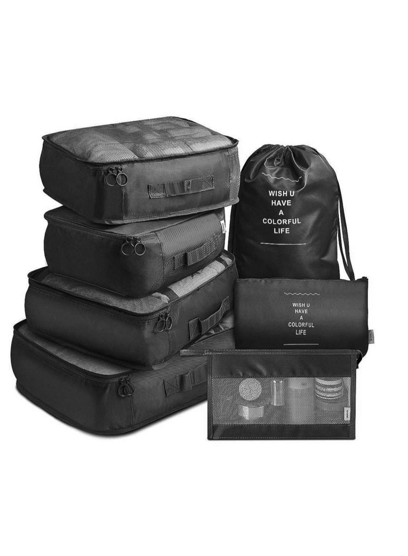 7Pcs Set Travel Organizer Storage Bags Suitcase Packing Set Storage Cases Portable Luggage Organizer Clothes Shoe Tidy Pouch Bag Traveling Accessories - Black - Image 1