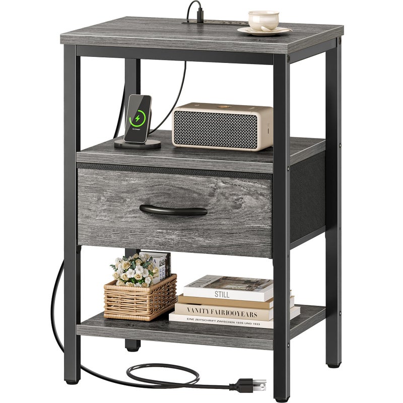 SUPERJARE Nightstand with Charging Station, Bed Side Table with Adjustable Fabric Drawer, Night Stand for Bedroom, 3-Tier Storage End Table, for Living Room, Grey - Image 1
