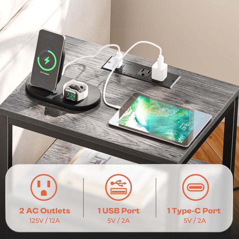 SUPERJARE Nightstand with Charging Station, Bed Side Table with Adjustable Fabric Drawer, Night Stand for Bedroom, 3-Tier Storage End Table, for Living Room, Grey - Image 3