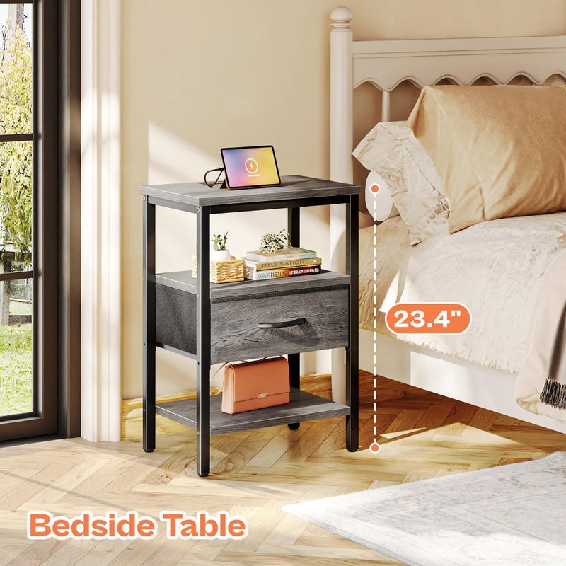 SUPERJARE Nightstand with Charging Station, Bed Side Table with Adjustable Fabric Drawer, Night Stand for Bedroom, 3-Tier Storage End Table, for Living Room, Grey - Image 2