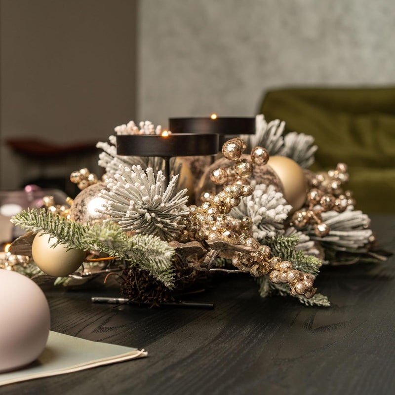 YULETIME 28" Christmas Triple Candelabrum, Holiday Candle Holder with Three Trays, Gold Baubles, Golden Berries & Leaves, Snowy Flocked Pine Needles - Image 5
