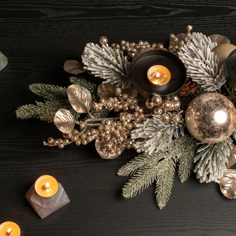 YULETIME 28" Christmas Triple Candelabrum, Holiday Candle Holder with Three Trays, Gold Baubles, Golden Berries & Leaves, Snowy Flocked Pine Needles - Image 4
