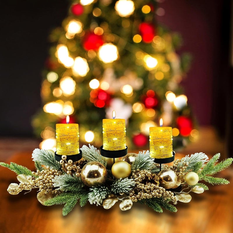 YULETIME 28" Christmas Triple Candelabrum, Holiday Candle Holder with Three Trays, Gold Baubles, Golden Berries & Leaves, Snowy Flocked Pine Needles - Image 2