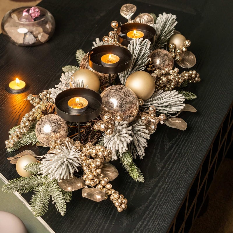 YULETIME 28" Christmas Triple Candelabrum, Holiday Candle Holder with Three Trays, Gold Baubles, Golden Berries & Leaves, Snowy Flocked Pine Needles - Image 3