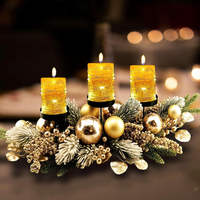 YULETIME 28" Christmas Triple Candelabrum, Holiday Candle Holder with Three Trays, Gold Baubles, Golden Berries & Leaves, Snowy Flocked Pine Needles - Image 1
