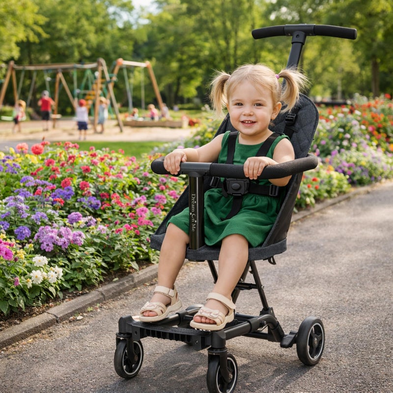 Dream On Me Coast Rider Travel Stroller, Lightweight & Compact Baby Stroller, Theme Park Approved, Book-Folding Design, Adjustable Handle, Soft-Ride Wheels, Converts to Rider & Scooter - Black - Image 2