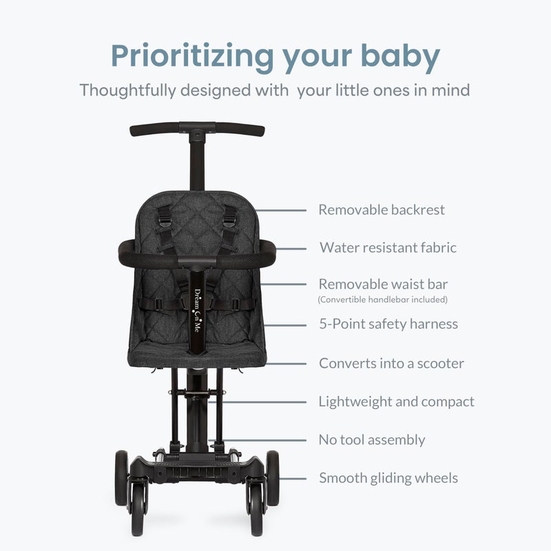 Dream On Me Coast Rider Travel Stroller, Lightweight & Compact Baby Stroller, Theme Park Approved, Book-Folding Design, Adjustable Handle, Soft-Ride Wheels, Converts to Rider & Scooter - Black - Image 5