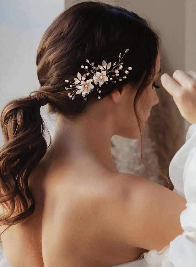 SWEETV Wedding Hair Comb for Bridal Hair Accessories, Handmade Flower Bridal Hair Clip Hair Pieces, Gold, 5.12 *2.75 inches, 1 Count (Pack of 1) - Image 3