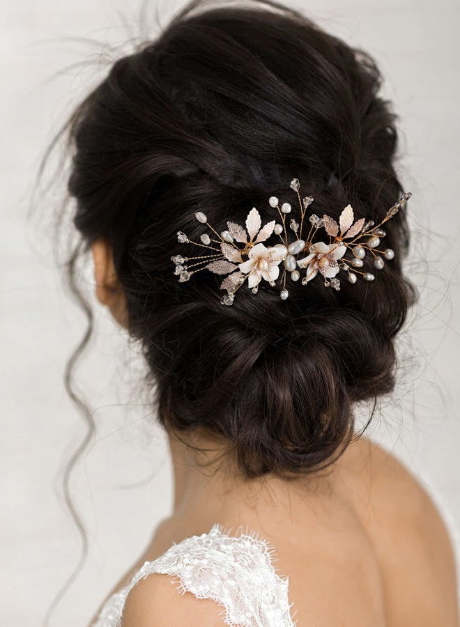 SWEETV Wedding Hair Comb for Bridal Hair Accessories, Handmade Flower Bridal Hair Clip Hair Pieces, Gold, 5.12 *2.75 inches, 1 Count (Pack of 1) - Image 4