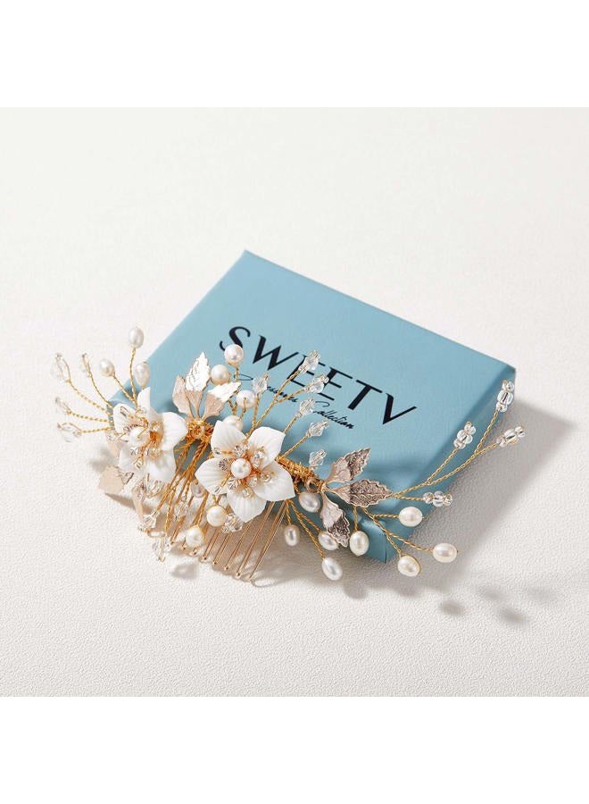 SWEETV Wedding Hair Comb for Bridal Hair Accessories, Handmade Flower Bridal Hair Clip Hair Pieces, Gold, 5.12 *2.75 inches, 1 Count (Pack of 1) - Image 5