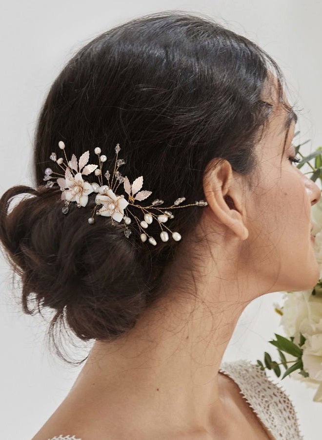SWEETV Wedding Hair Comb for Bridal Hair Accessories, Handmade Flower Bridal Hair Clip Hair Pieces, Gold, 5.12 *2.75 inches, 1 Count (Pack of 1) - Image 2