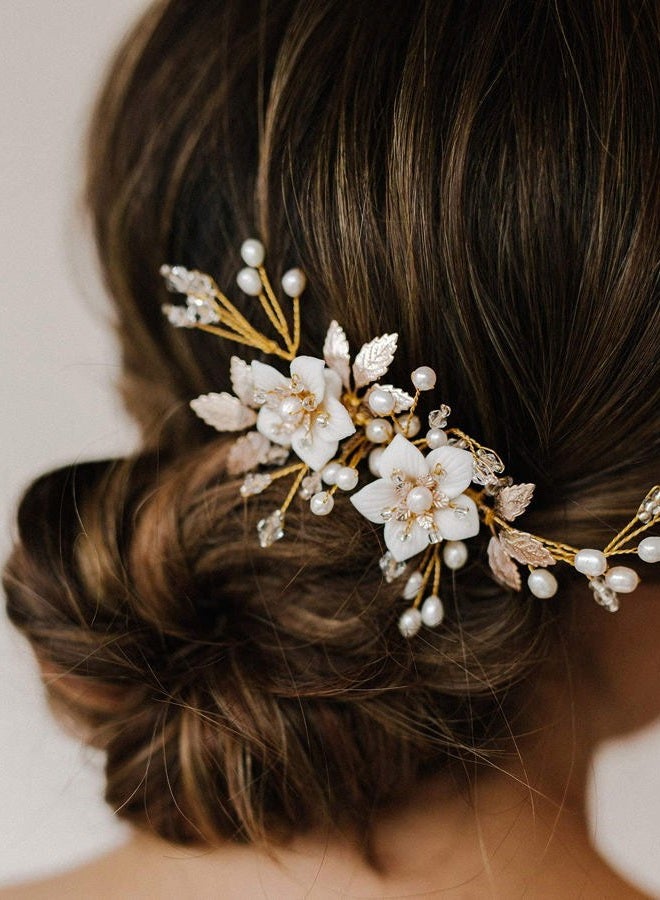 SWEETV Wedding Hair Comb for Bridal Hair Accessories, Handmade Flower Bridal Hair Clip Hair Pieces, Gold, 5.12 *2.75 inches, 1 Count (Pack of 1) - Image 1