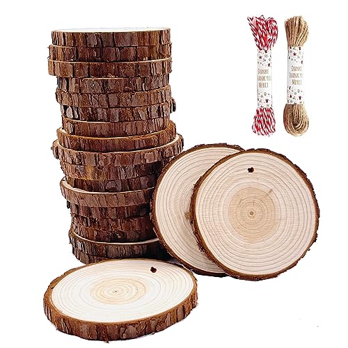William Craft Unfinished Natural Wood Slices 20 Pcs 3.5-4 Inch Wood Coaster Sets Pieces Craft Wood kit Predrilled with Hole Wooden Circles Great for Arts and Crafts Christmas Ornaments DIY Crafts Rustic Wedding - Image 1