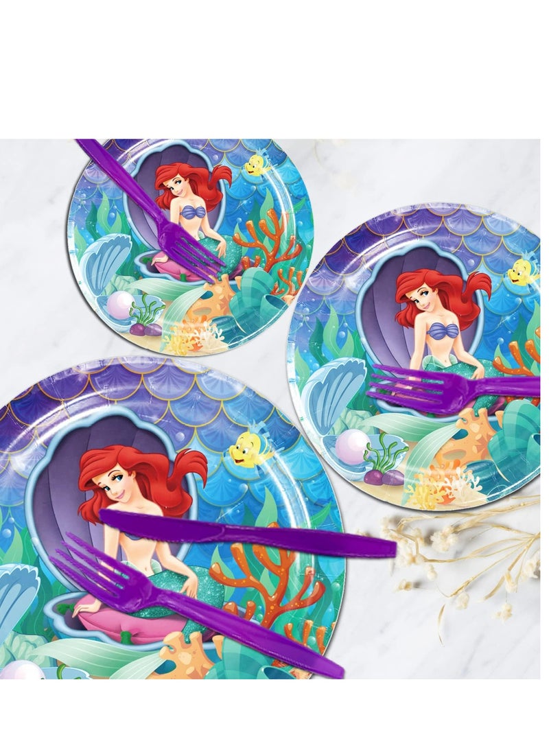 Tamona Ariel Little Mermaid Party Decorations, Mermaid Birthday Party Supplies Set included Blowouts, Tableware, Cups, Tablecloth & Cutlery for Princess Themed Party Décor for Girls -107 Pcs  - Image 3