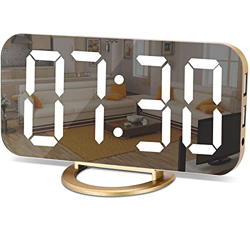 SZELAM Digital Alarm Clock,LED and Mirror Desk Clock Large Display,with Dual USB Charger Ports,3 Levels Brightness,12/24H,Modern Electronic Clock for Bedroom Home Living Room Office - Gold - Image 1