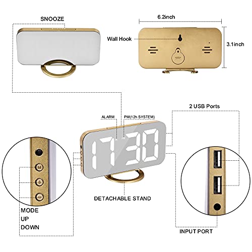 SZELAM Digital Alarm Clock,LED and Mirror Desk Clock Large Display,with Dual USB Charger Ports,3 Levels Brightness,12/24H,Modern Electronic Clock for Bedroom Home Living Room Office - Gold - Image 5