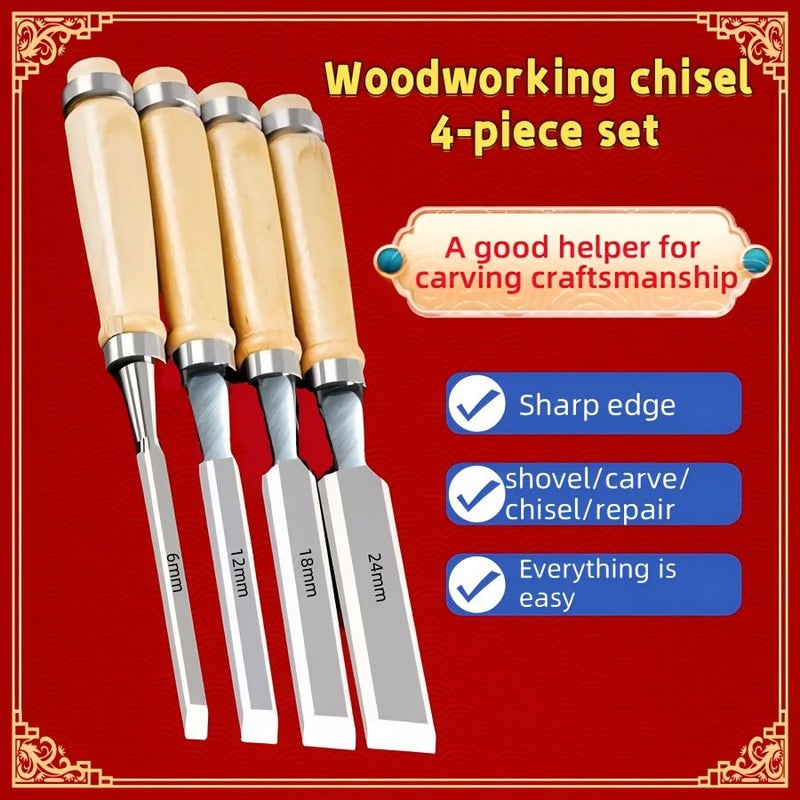 4Pcs Woodworking Chisel Set Steel Handcrafted Flat Slotted Tools For Carpenters - Image 2