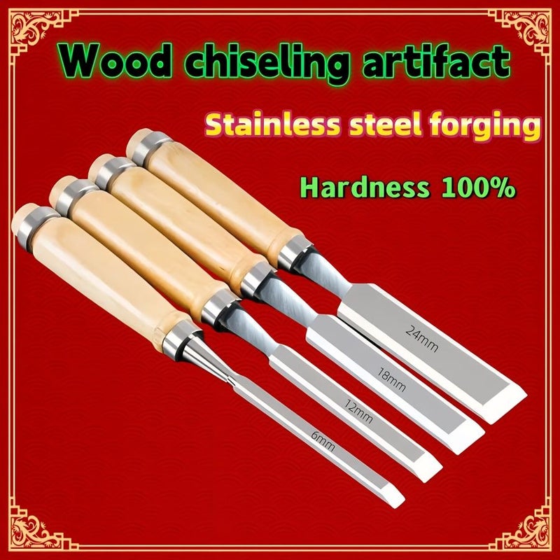 4Pcs Woodworking Chisel Set Steel Handcrafted Flat Slotted Tools For Carpenters - Image 3