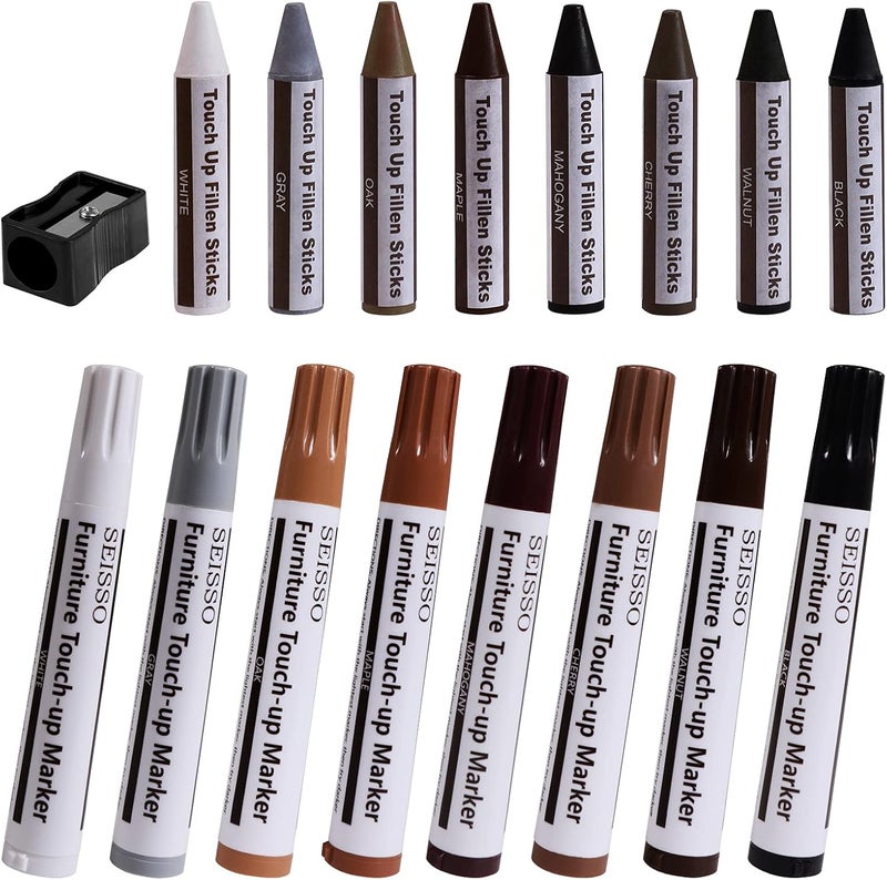 SEISSO Furniture Markers Touch Up - Set of 17 - Furniture Scratch Repair Markers Kit, Wood Touch Up Markers and Wax Sticks with Sharpener, for Scratches, Stains, Floors, Laminate, Cabinet - Image 1