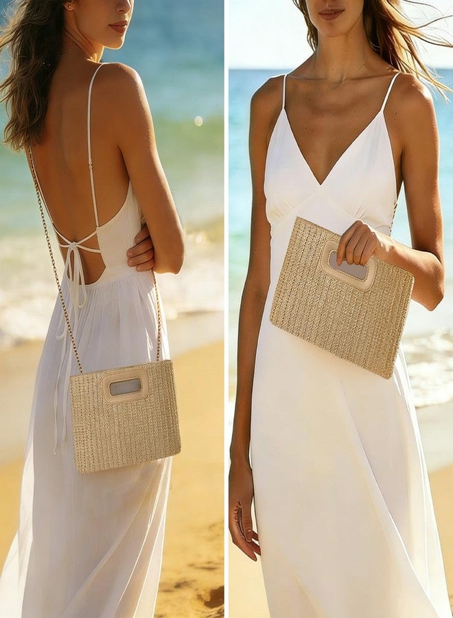 Nexellent Beach Clutch Bag, Straw Summer Clutch Purse for Women, Handmade Woven Handbag with Detachable Gold Chain (Khaki) - Image 2