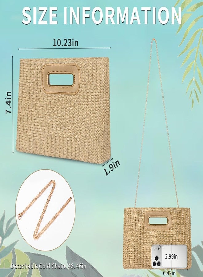 Nexellent Beach Clutch Bag, Straw Summer Clutch Purse for Women, Handmade Woven Handbag with Detachable Gold Chain (Khaki) - Image 4