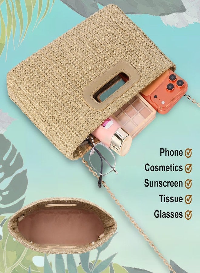 Nexellent Beach Clutch Bag, Straw Summer Clutch Purse for Women, Handmade Woven Handbag with Detachable Gold Chain (Khaki) - Image 5