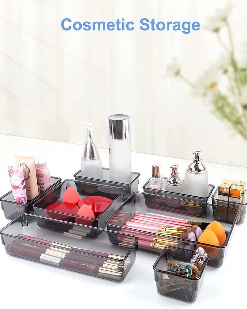 BAREPEPE 3x3x2 Inch Unbreakable 5Piece Desk Drawer Organizer Trays Bathroom Drawer Tray Dividers Plastic Vanity Organizers Storage Bins for Makeup Dresser Kitchen OfficeLight Black - Image 3