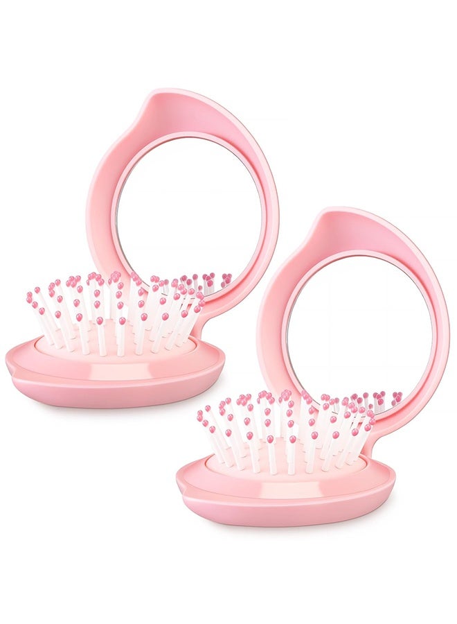 2 Pack Foldable Travel Mirror Hair Brushes Round Portable Folding Pocket Hair Brush Mini Comb Compact Travel Size Massage Comb for Men Women (Pink) - Image 1