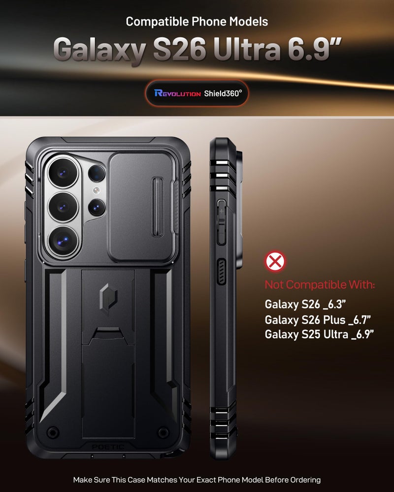 Poetic Revolution Case for Samsung Galaxy S26 Ultra, [Slide Camera Cover], [20FT Mil-Grade Drop Tested], Full-Body Military Grade Rugged Dual-Layer Shockproof Cover with Kickstand, Black - Image 2
