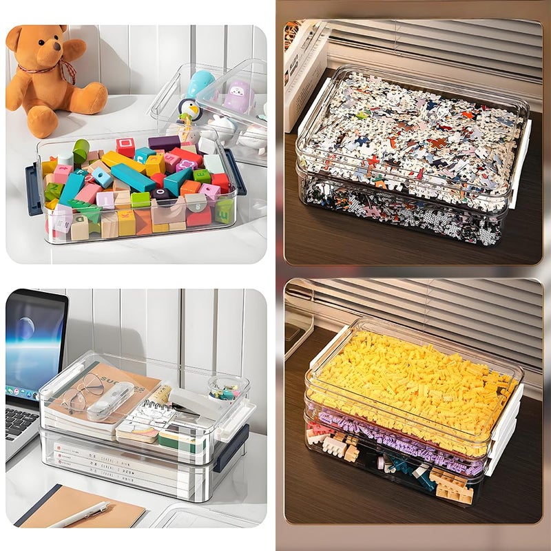 RHONZHAO 2 Pcs Plastic Portable Project Case, Clear Stackable Storage Boxes Organizer for A4 Files, Scrapbooks, Art Supplies (â€ŽBlue Latch, Small) - Image 5