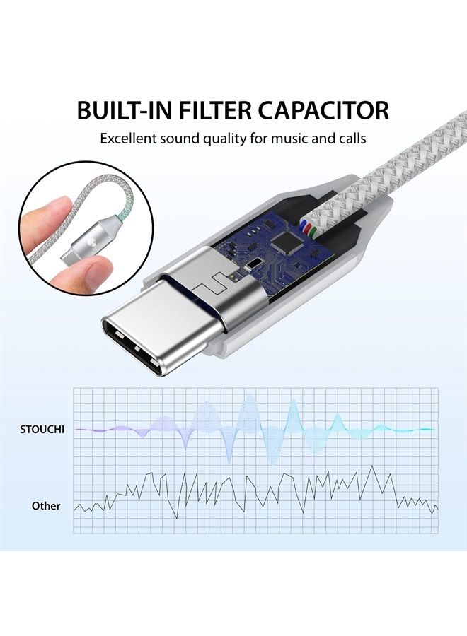 Stouchi محول USB C إلى 3.5 مم أنثوي 2 عبوات، كابل صوت سماعة رأس نوع C، دنجلي Hi-Fi لجهاز Samsung Galaxy S22 S21 Ultra Z Flip Note 20، iPad Mini 6، Pixel 7/6a/6 - فضي - Image 3