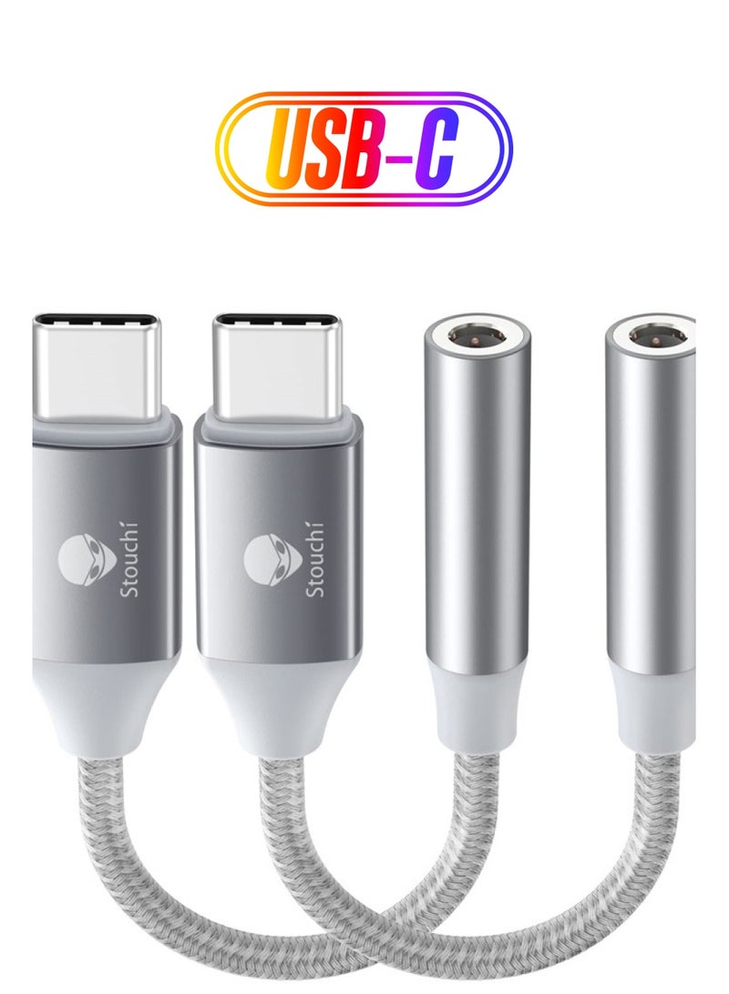 Stouchi محول USB C إلى 3.5 مم أنثوي 2 عبوات، كابل صوت سماعة رأس نوع C، دنجلي Hi-Fi لجهاز Samsung Galaxy S22 S21 Ultra Z Flip Note 20، iPad Mini 6، Pixel 7/6a/6 - فضي - Image 1