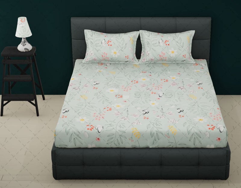 RRC Gless Cotton Elegant Polycotton Elastic Fitted Bedsheet With 2 Pillow Covers,72X78 (Inches) On All Around Side To Grip The Mattress, 144 Tc, Pista Leaf (Grey) - Image 5