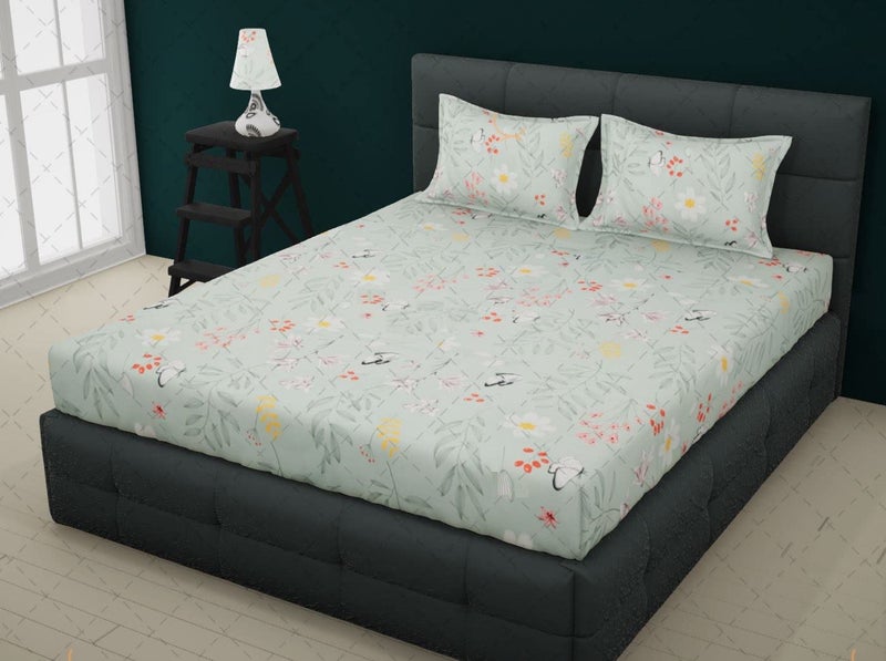 RRC Gless Cotton Elegant Polycotton Elastic Fitted Bedsheet With 2 Pillow Covers,72X78 (Inches) On All Around Side To Grip The Mattress, 144 Tc, Pista Leaf (Grey) - Image 1