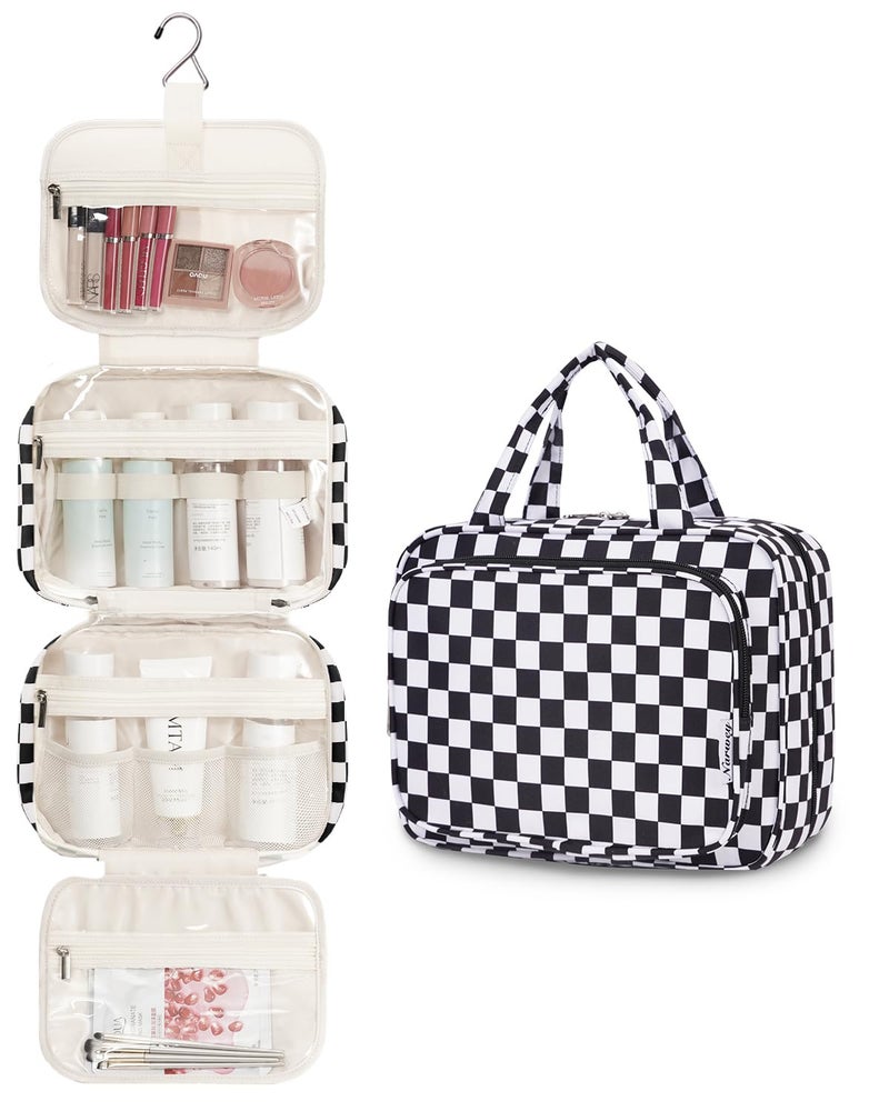Narwey Hanging Toiletry Bag for Women Travel Makeup Bag Organizer Toiletries Bag for Travel Size Essentials Accessories Cosmetics (Black Checkerboard (Medium)) - Image 2