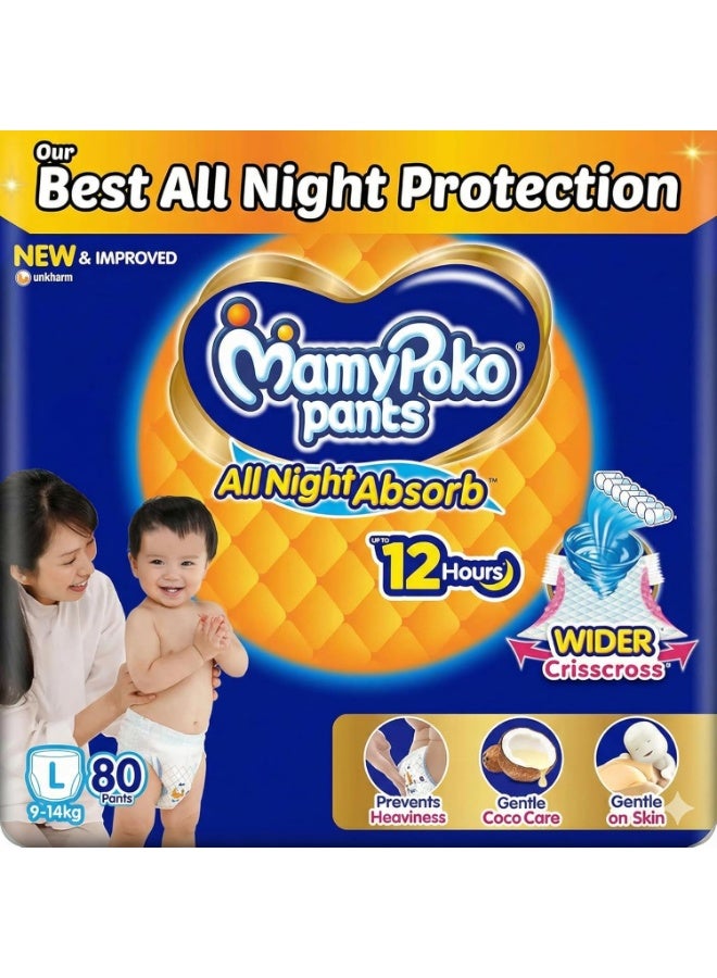 Mamypoko pants All night absorb| Pant Style Baby Diapers Large Size(L), 80 Count, Ideal for 9-14Kgs|1 Diaper= Upto All night Absorption|Wider Crisscross Sheet|Gentle Coco Care| 12hr Leakage Protection