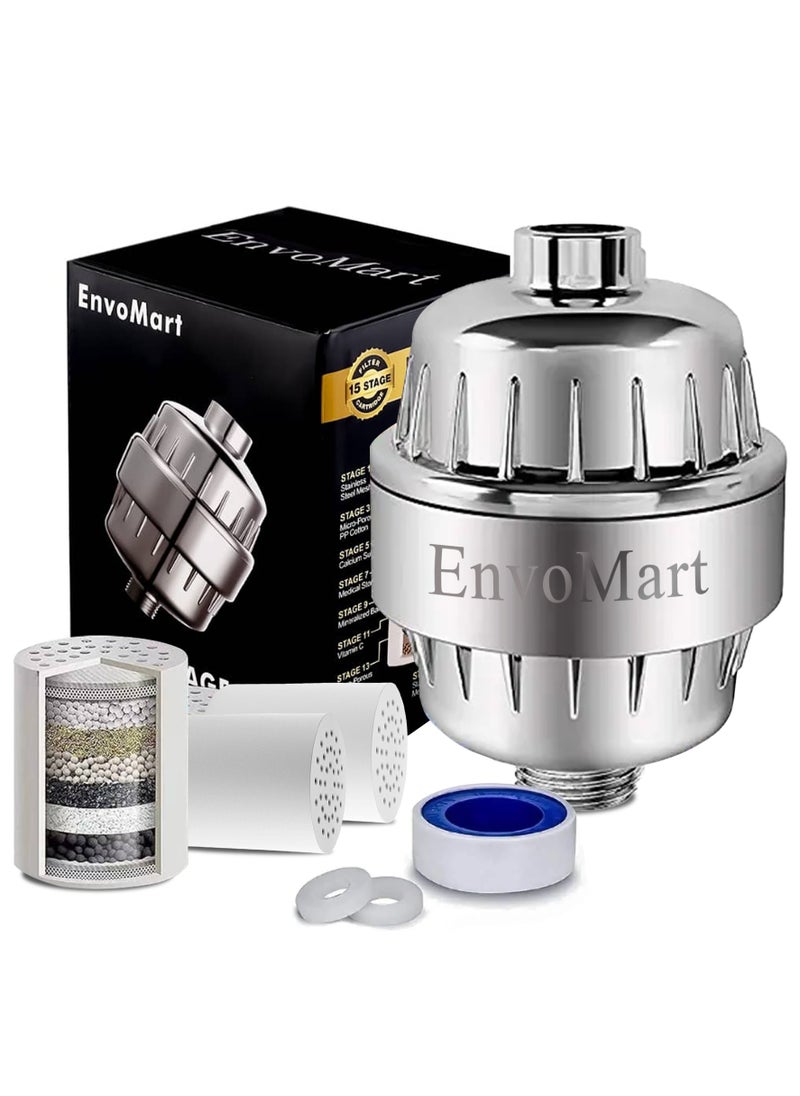 EnvoMart 15-Stage Shower Filter Dual Cartridge with Anti Hair Fall Feature - Ideal for Hard Water, Chlorine, and Impurity Removal - Shower Head Filter with KDF and Calcium Sulphite Beans fo Refreshing Water  - Image 1