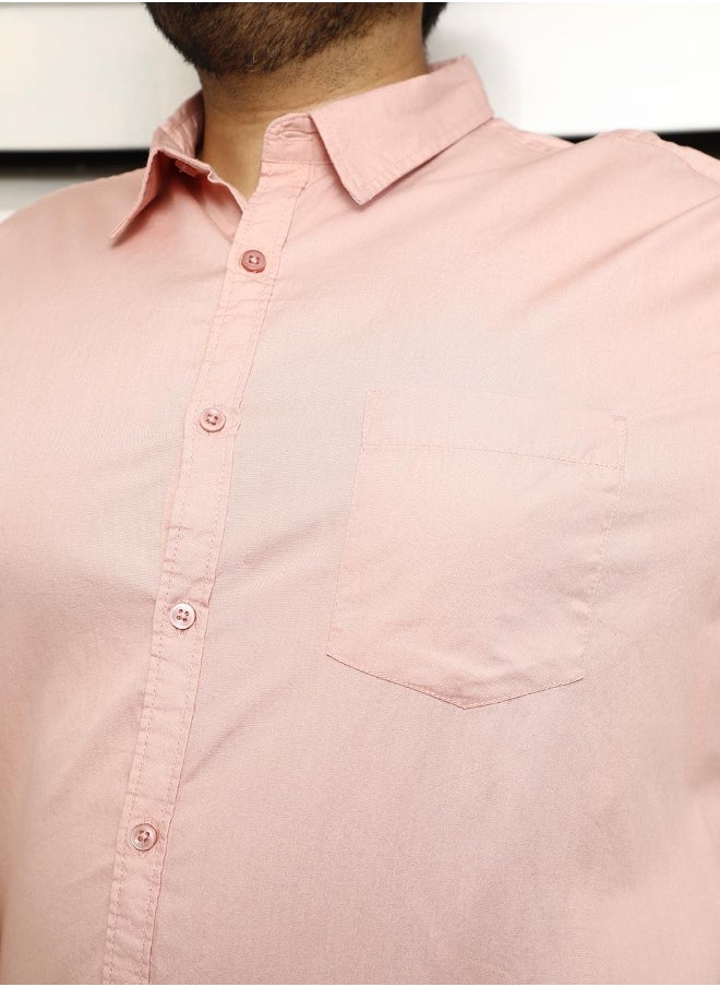 Men's Dusty Pink 100% Cotton Solid Pattern Button Down Regular Fit Shirt