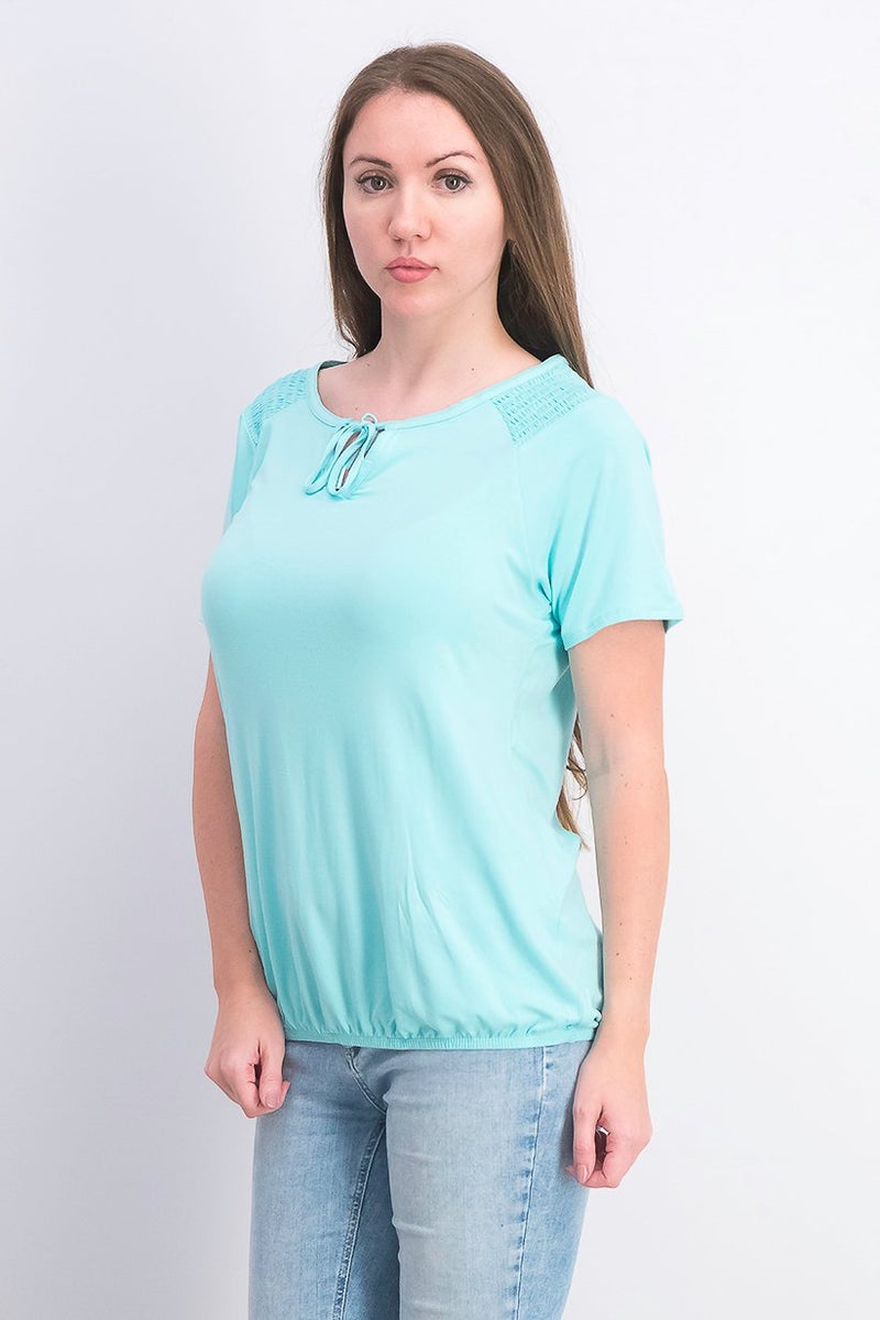 Tchibo Women Boat Neck Plain Short Sleeve Blouse, Aqua - Image 2