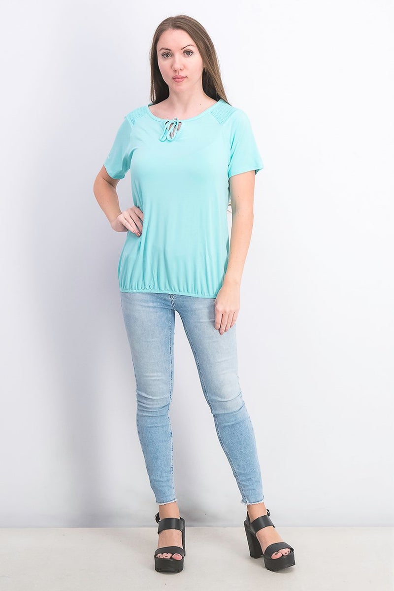Tchibo Women Boat Neck Plain Short Sleeve Blouse, Aqua - Image 4