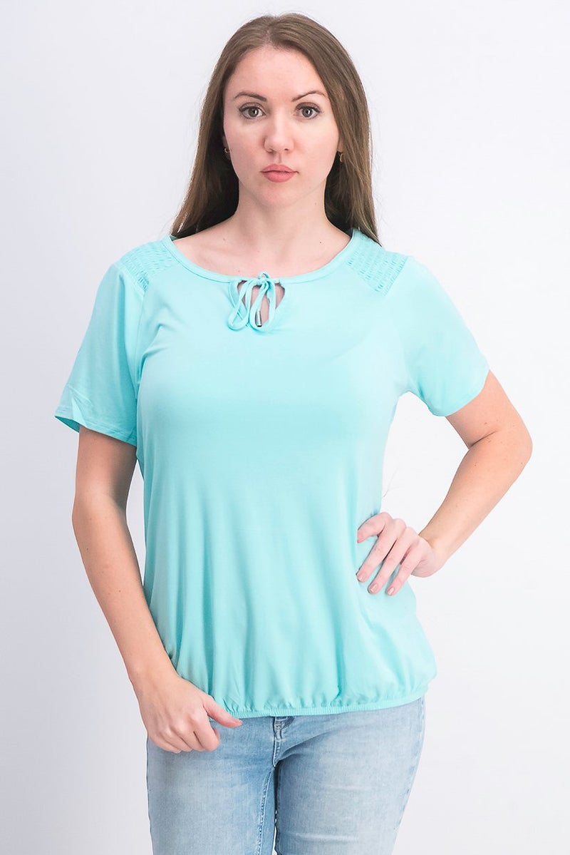 Tchibo Women Boat Neck Plain Short Sleeve Blouse, Aqua - Image 1