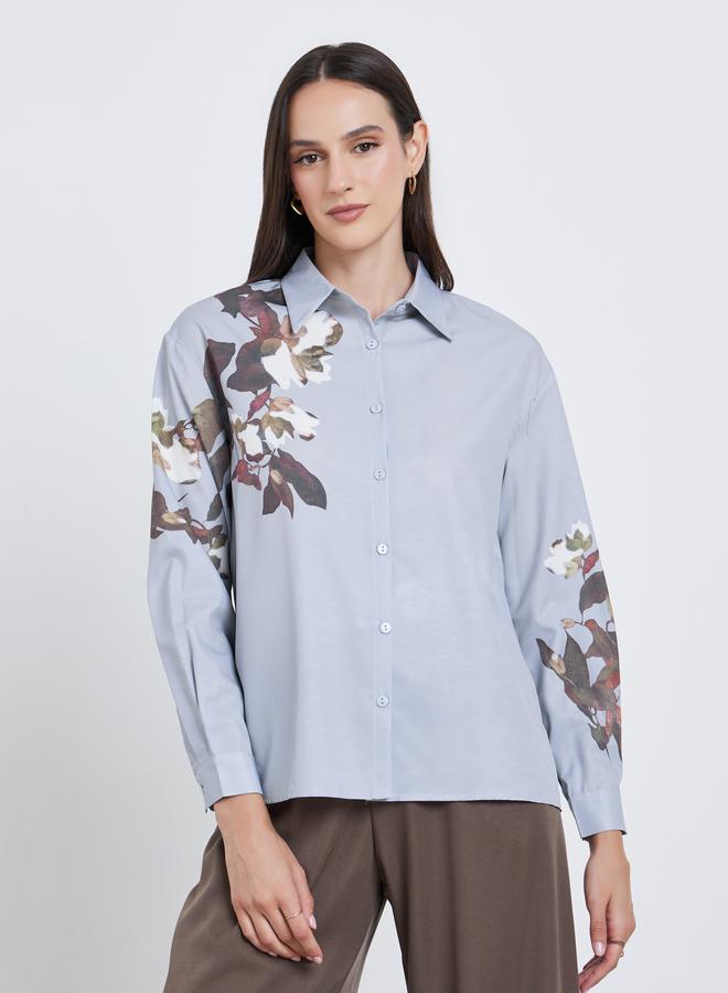 Styli Women Grey Floral Print Regular Fit Shirt - Image 3