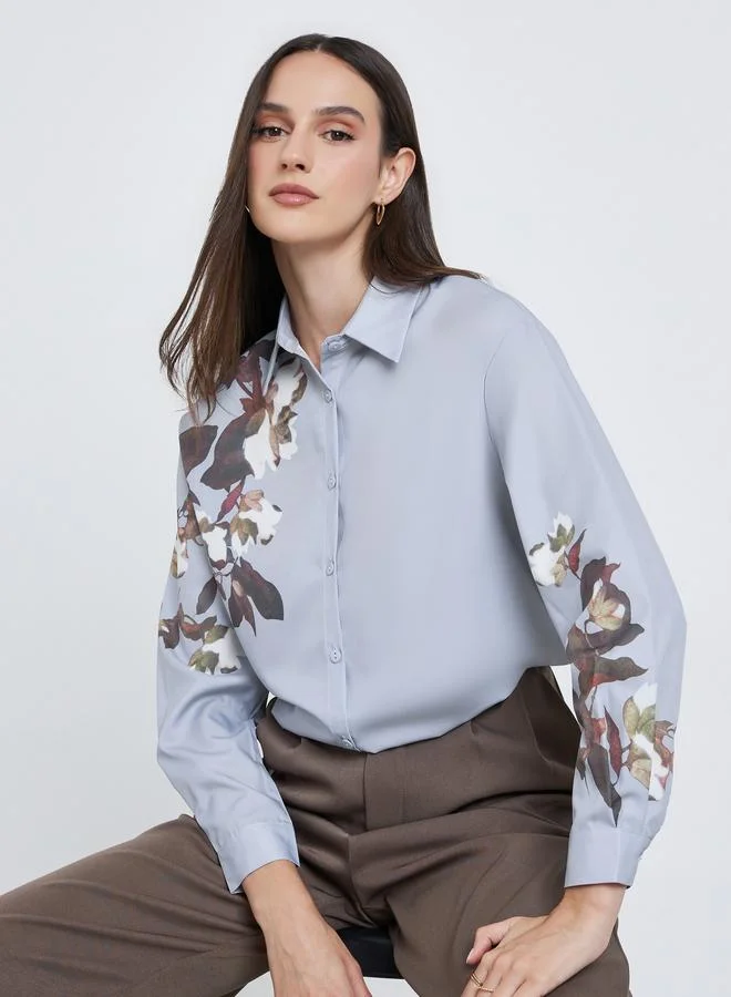 Styli Styli Women Grey Floral Print Regular Fit Shirt